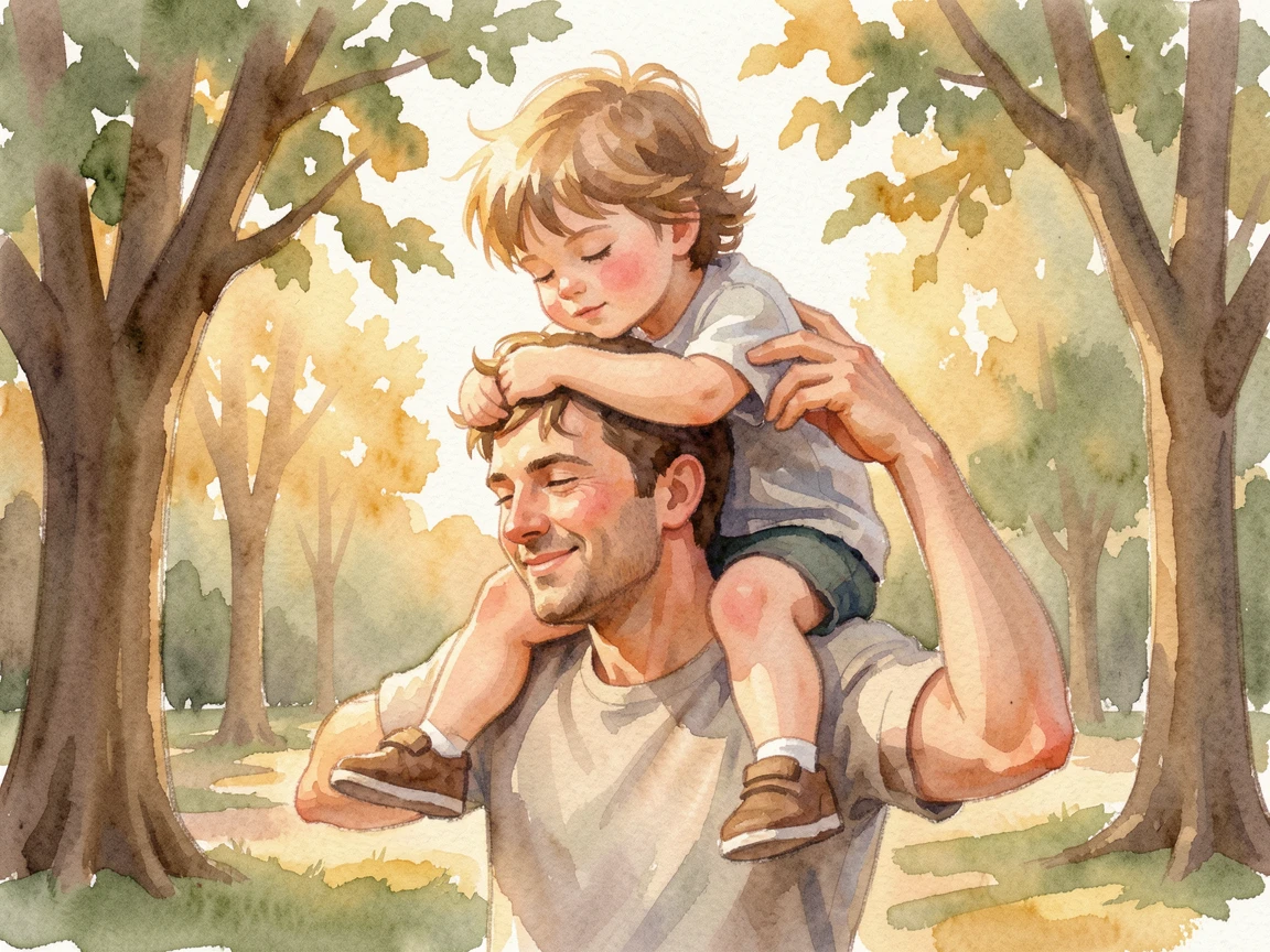 A father carrying his sleepy child on his shoulders as golden light bathes the scene.
