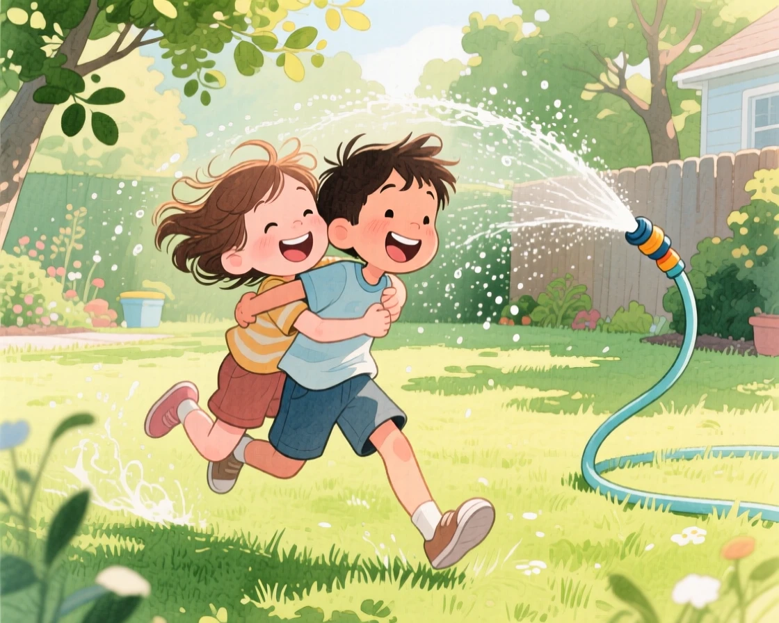 Siblings piggyback racing across a sunny backyard lawn, in a lush green backyard with a garden hose sprinkler, with soft afternoon light filtering through leaves, playful joy and sibling love.