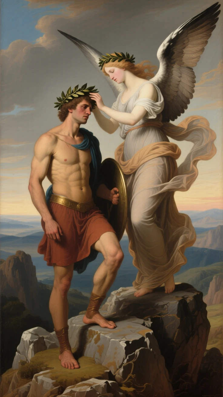 A winged figure of Victory crowning a weary but triumphant hero as light and shadow embody opposing truths, set atop a rocky promontory overlooking a vast unknown, with drapery caught in a wind that seems to come from another world; contrasting light and shadow divide the canvas into meaningful halves, filled with quiet reverence for forces greater than ourselves.