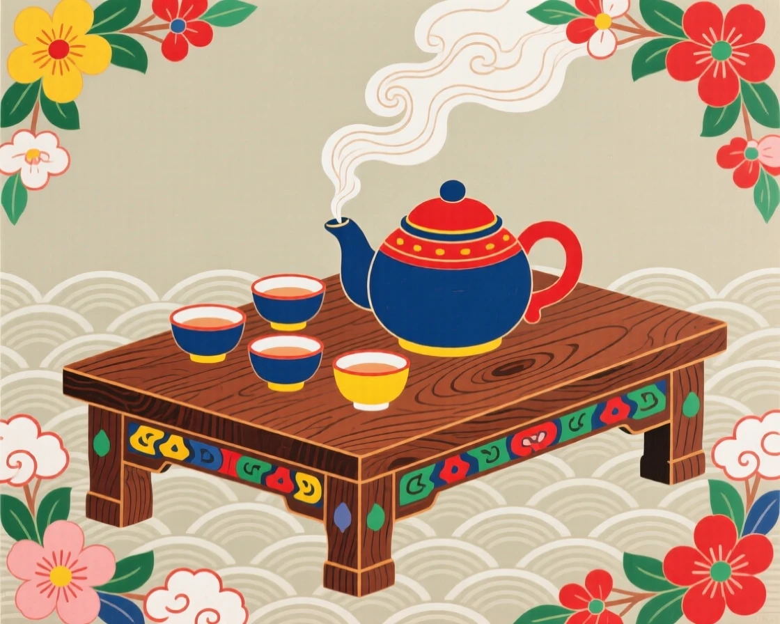 A ceramic tea set arranged on a low wooden table beside a steaming teapot.