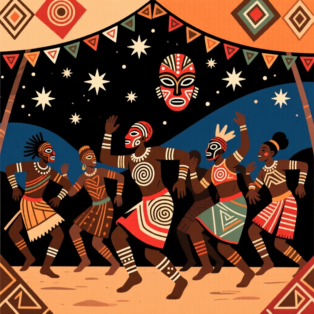 A festival dance troupe performing beneath a canopy of stars.