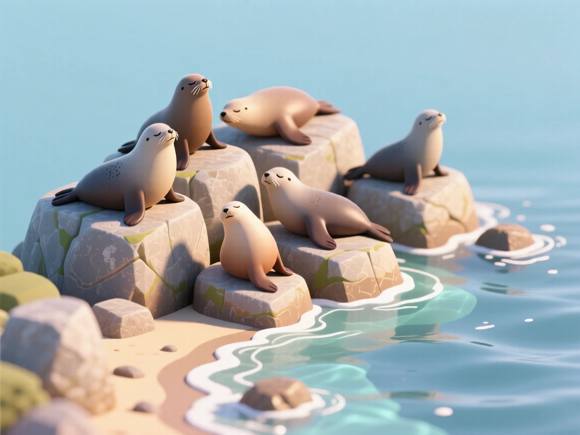 A group of seals lounging on sun-warmed rocks along a coastline, waves gently lapping at the base of the boulders.