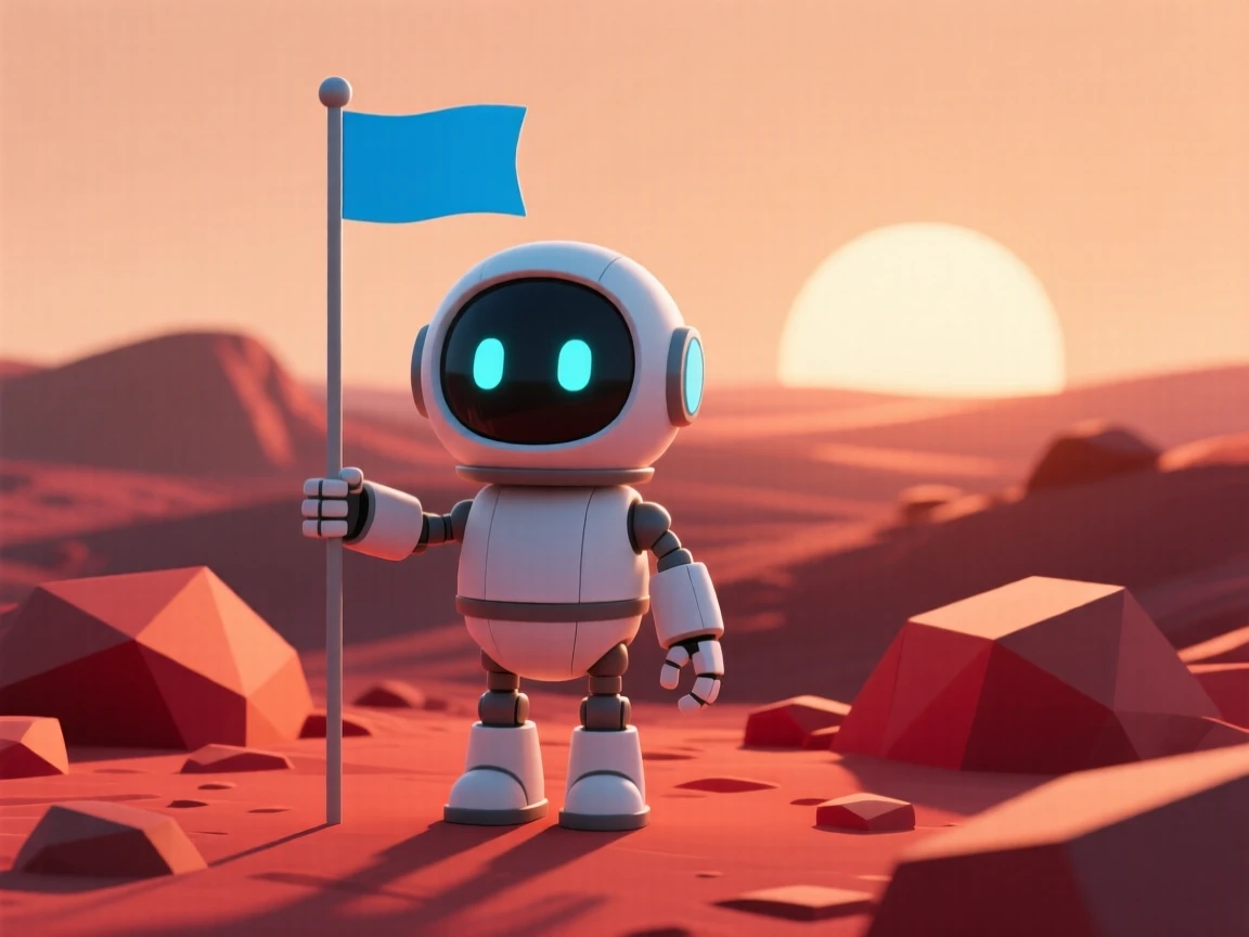 A curious robot astronaut plants a flag on a rocky red planet, sunrise casting long shadows behind it.