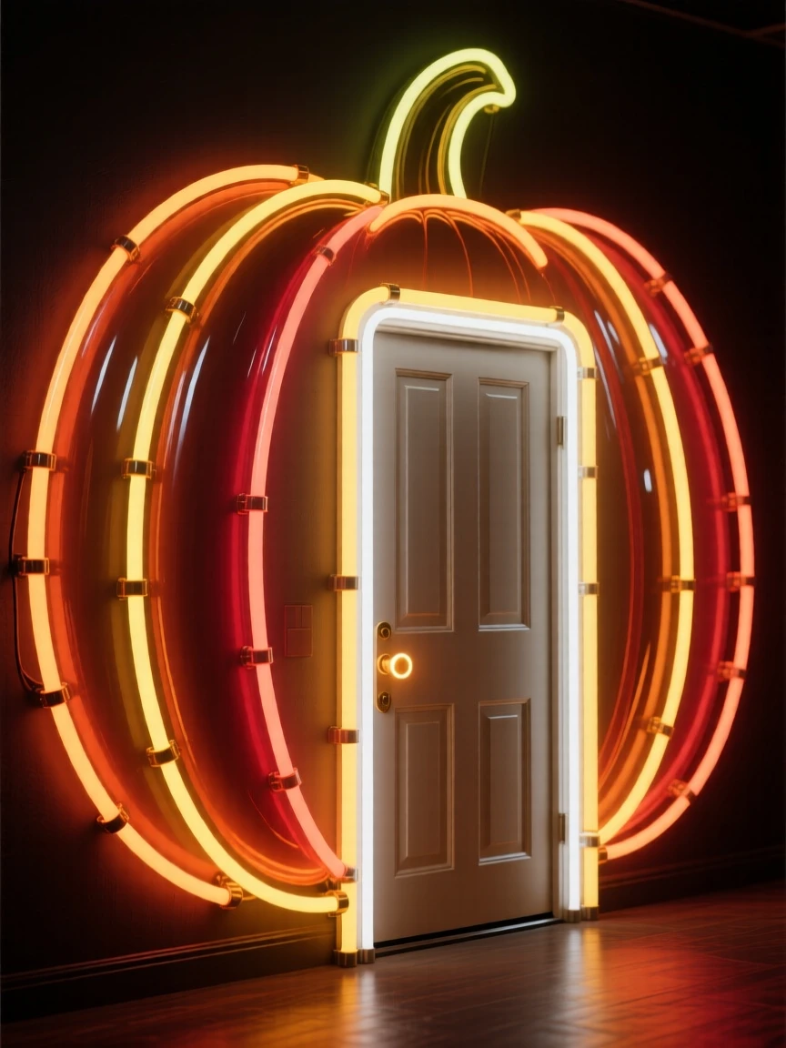 A door built into the side of a giant pumpkin leading to a cozy home.