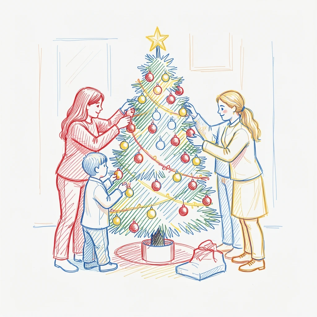A family decorating a Christmas tree together, ornaments in hand