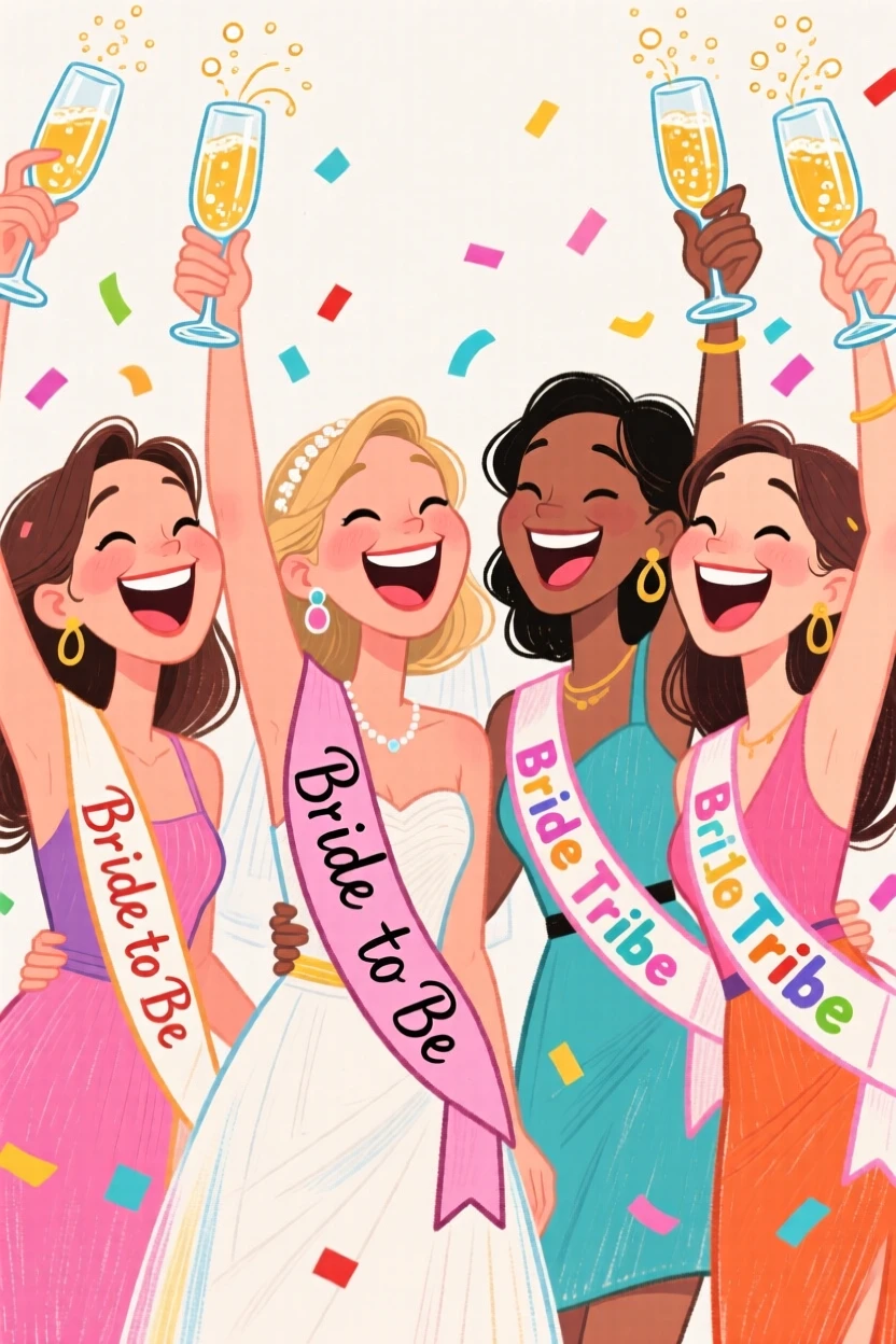 A group of friends celebrating a bachelorette party with sashes and champagne glasses raised.