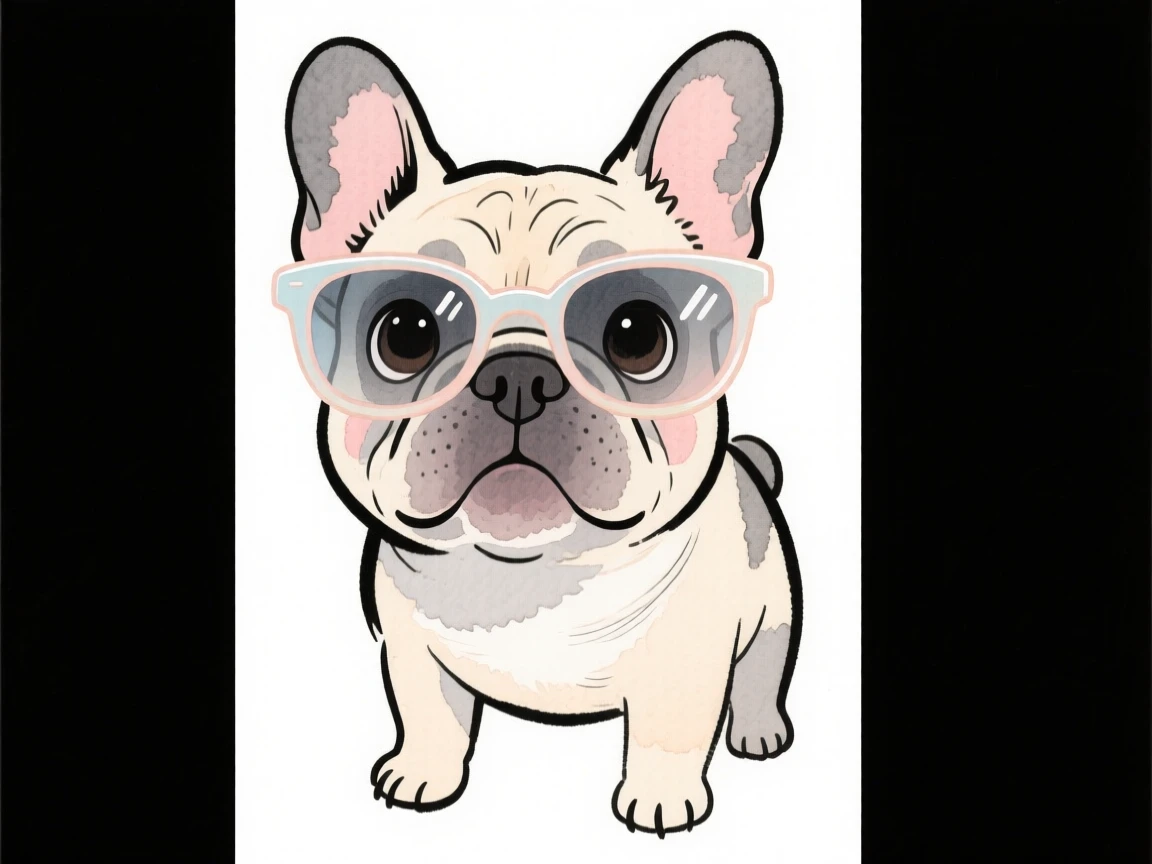 A tiny french bulldog wearing oversized sunglasses