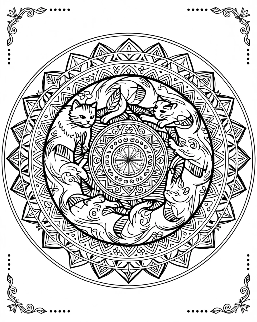 A mandala built from a ring of interlocking cats in varying poses.