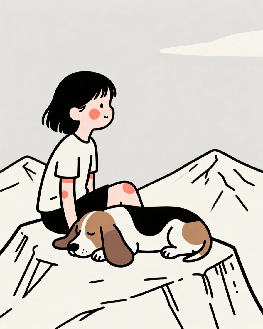 A teenage girl with a sleepy basset hound, glowing with nostalgia, on a mountaintop overlook.