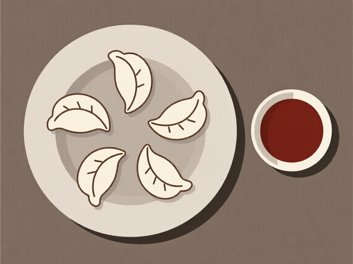 A plate of dumplings with dipping sauce