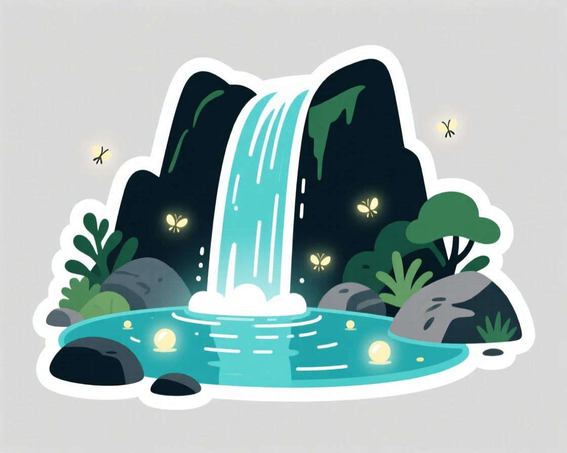 A breathtaking waterfall cascading into a clear pool, with fireflies glowing softly in the dusk, on a clear and cloudless day.