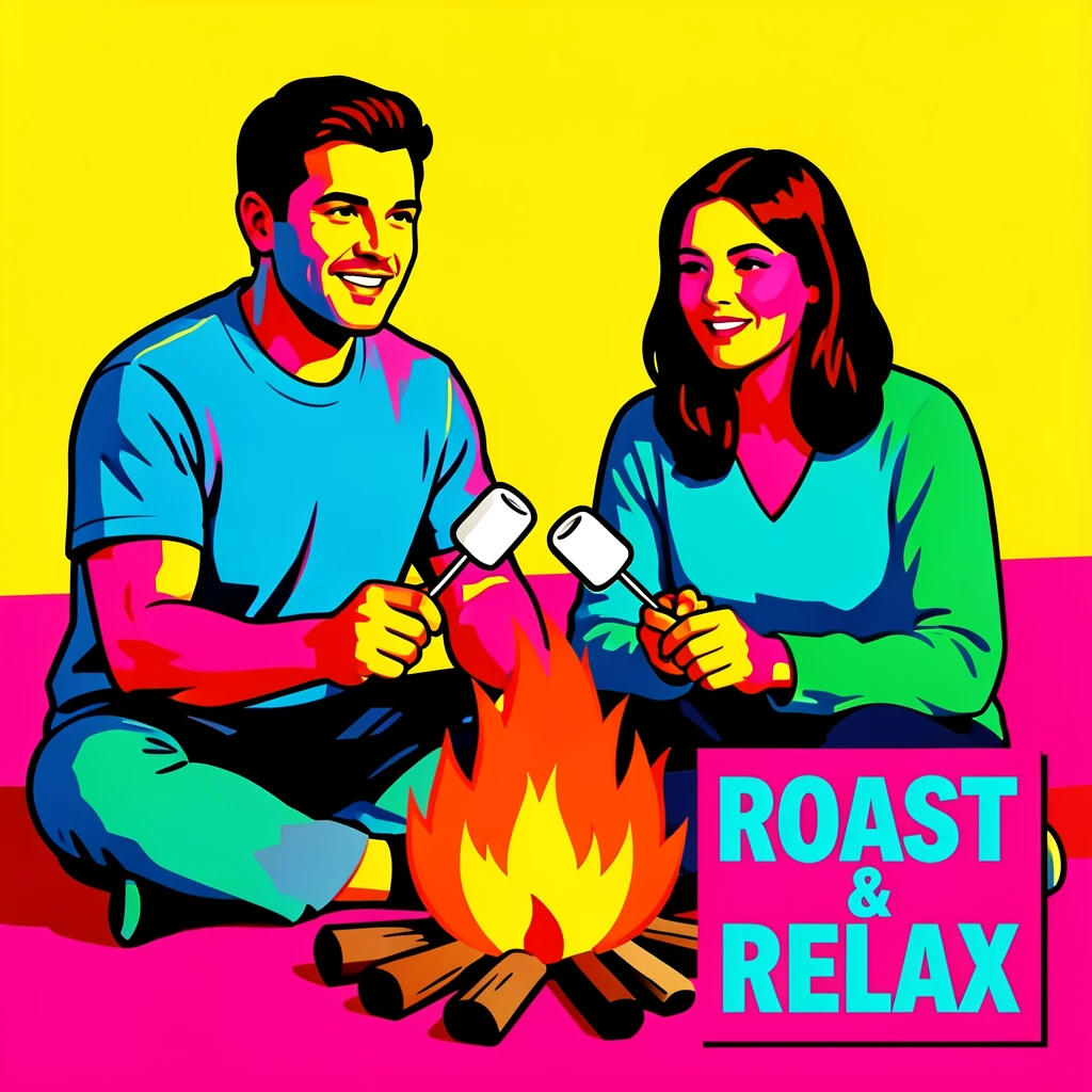 Couple roasting marshmallows over a campfire