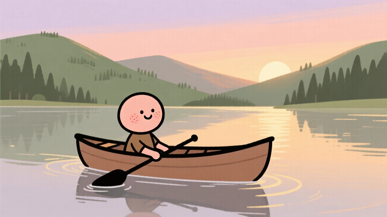 A lone canoe drifts across a still mountain lake as the first light of dawn stretches across the surface and forested hills rise in the distance.