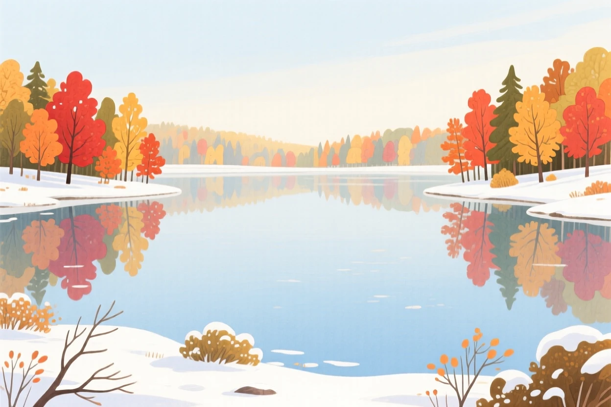 A sweeping view of a quiet lake reflecting autumn foliage under a blanket of winter snow.