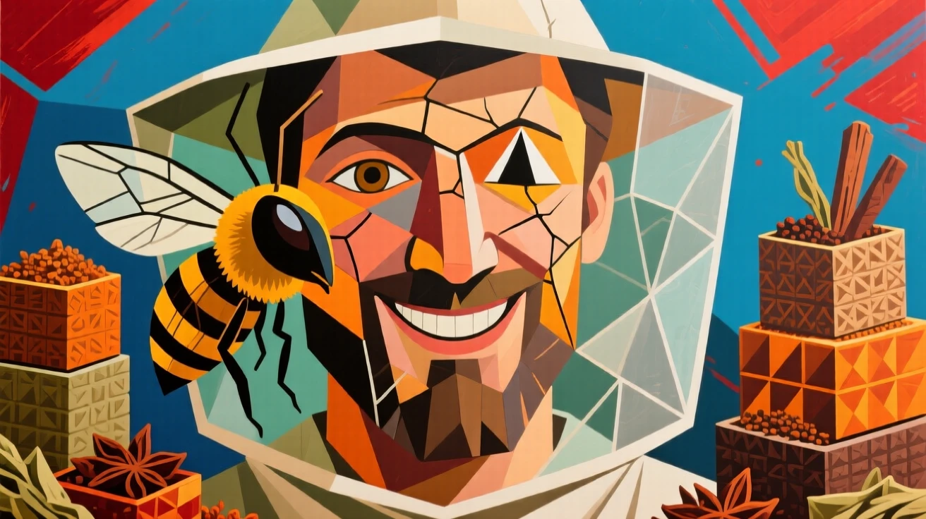 A close-up portrait of a beekeeper smiling gently surrounded by stacks of fragrant spices.