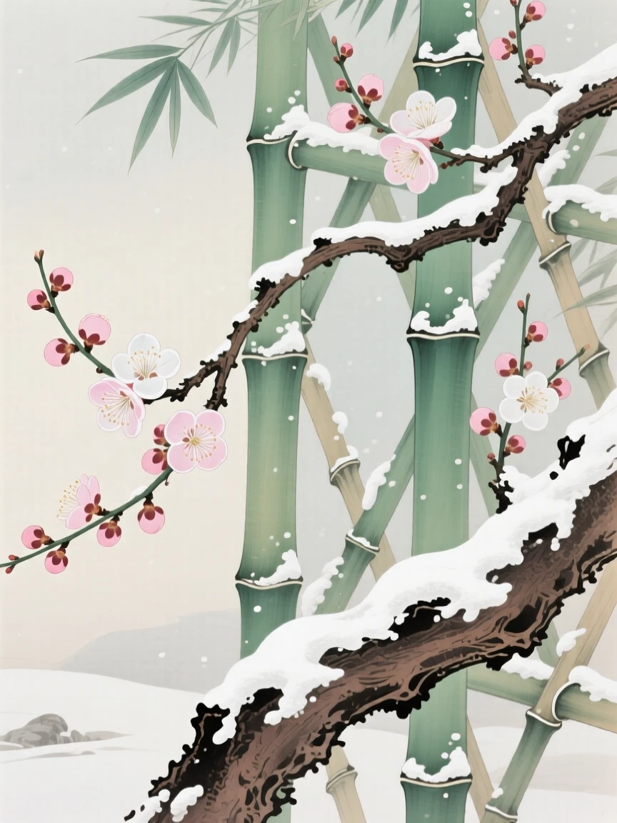Plum blossoms on a snow-dusted branch climbing a bamboo trellis in early summer