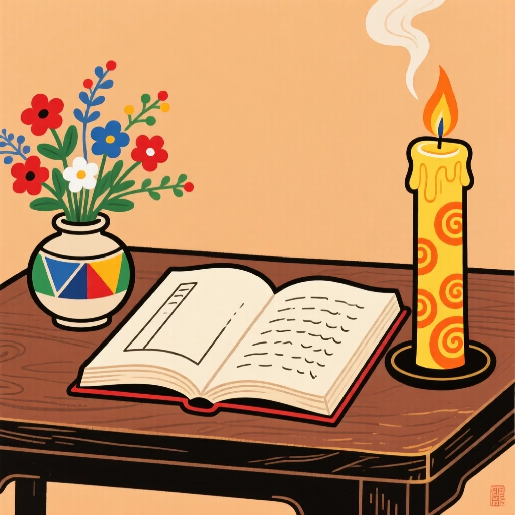 An open book resting beside a burning candle and a small vase of wildflowers.