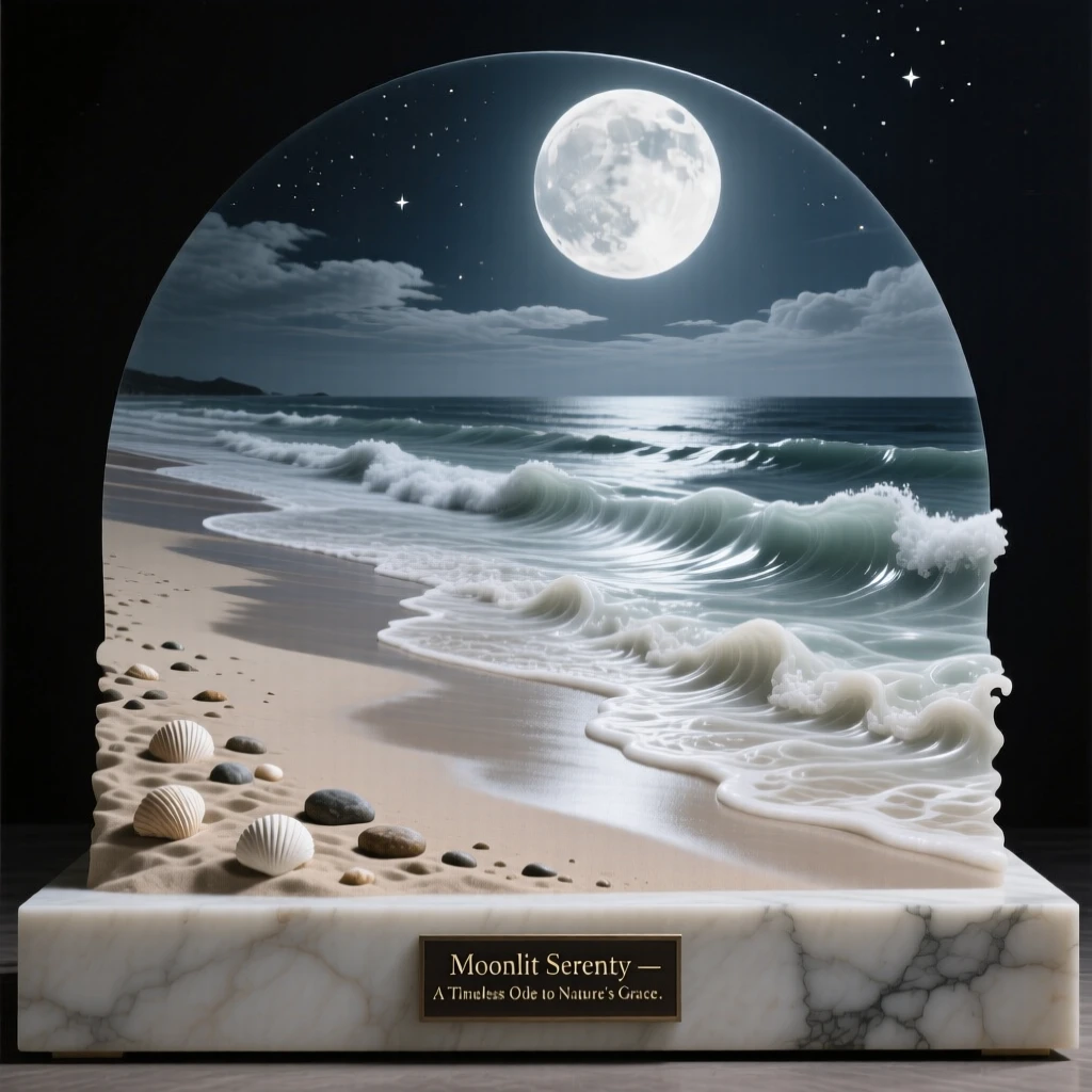 A sweeping, cinematic composition of a moonlit beach with gentle waves, capturing the raw beauty of the natural world