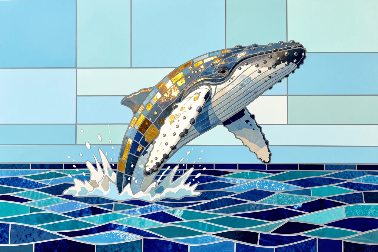 A humpback whale breaching the surface of the open ocean.