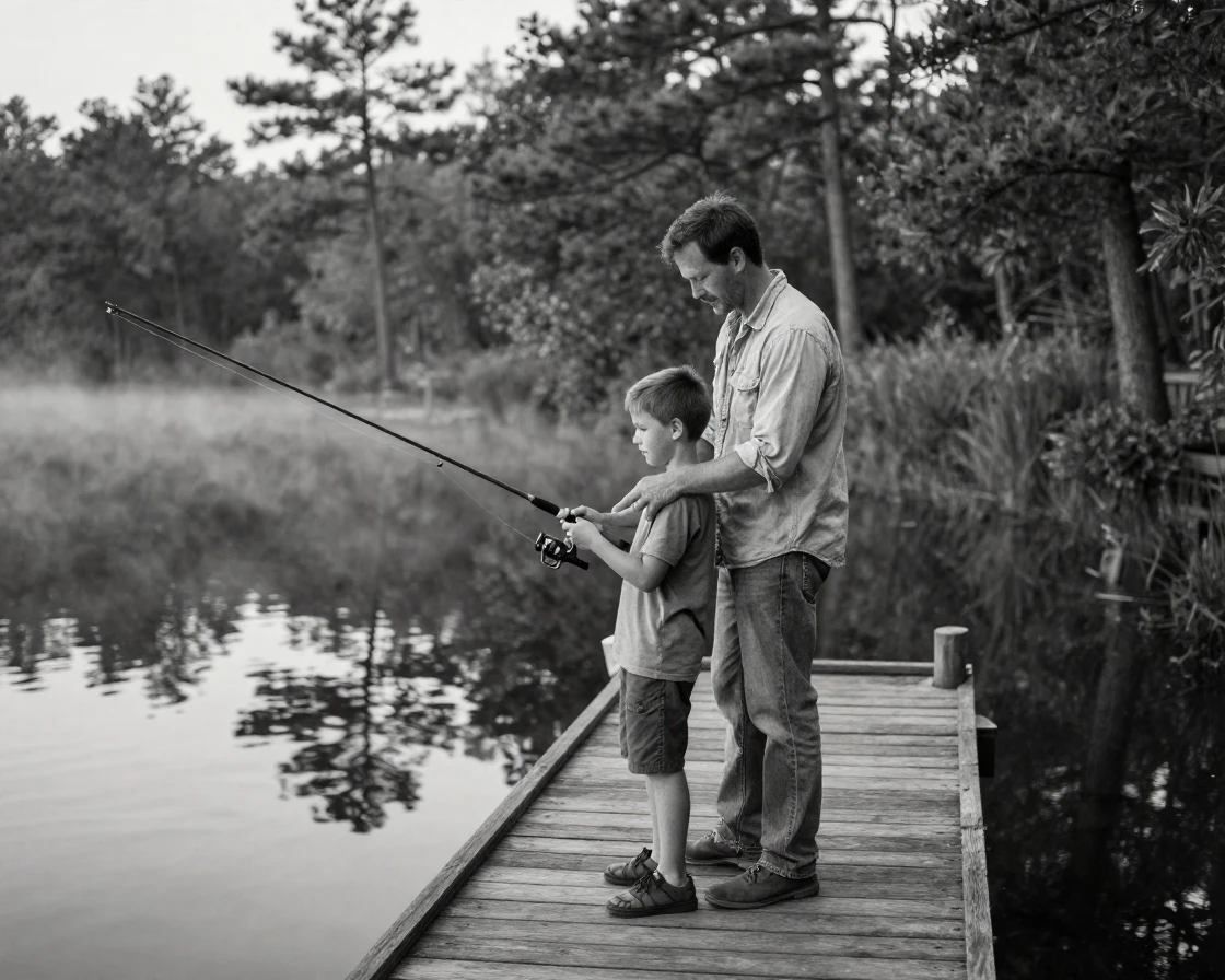 A father teaches his son to cast a fishing line from a quiet lakeside dock.