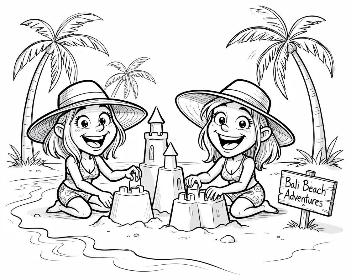 [Travel & Cultural Experiences] Vivid travel scene of a family building sandcastles on a tropical beach in Bali, full of wonder and adventure