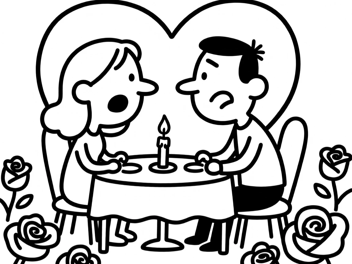 A couple sharing a romantic candlelit dinner on Valentine's Day surrounded by roses.
