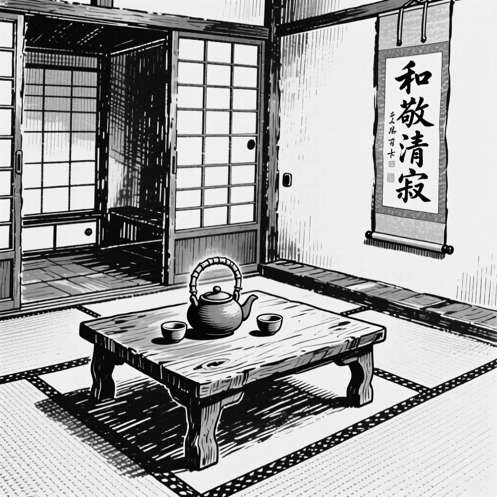 A traditional Japanese tea room with tatami mats and a low wooden table.