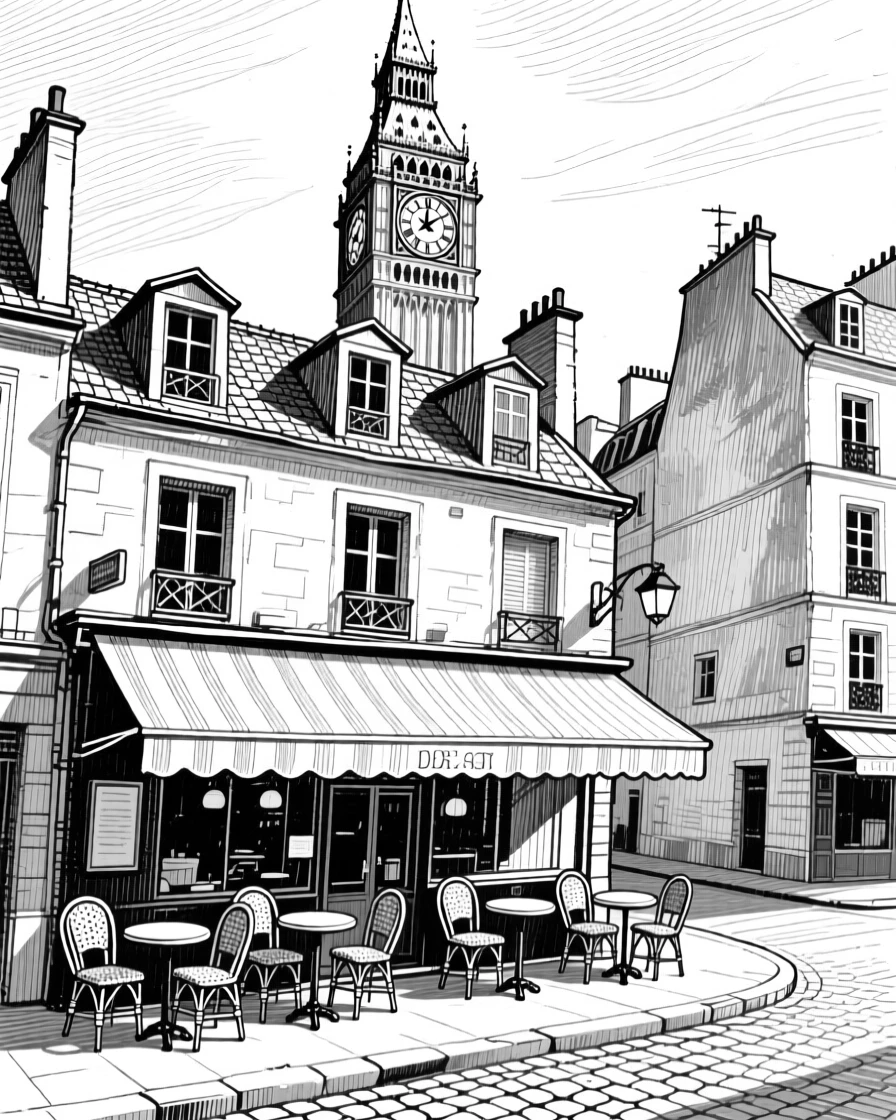 A parisian street cafe framed by surrounding rooftops, featuring a clock tower rising above the rooftops, rendered in a peacefully picturesque architectural composition.