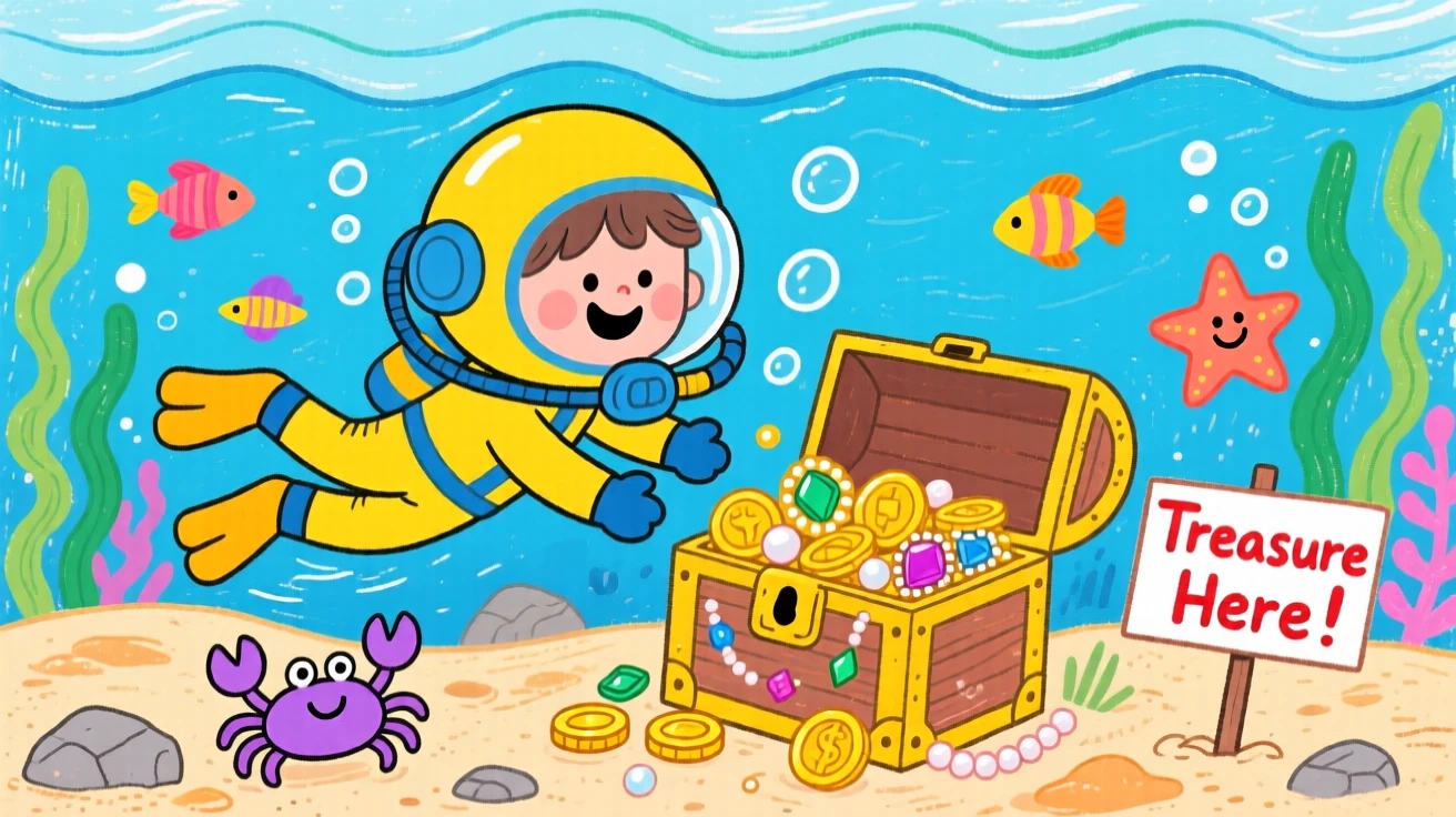 An underwater explorer discovering a hidden treasure chest.