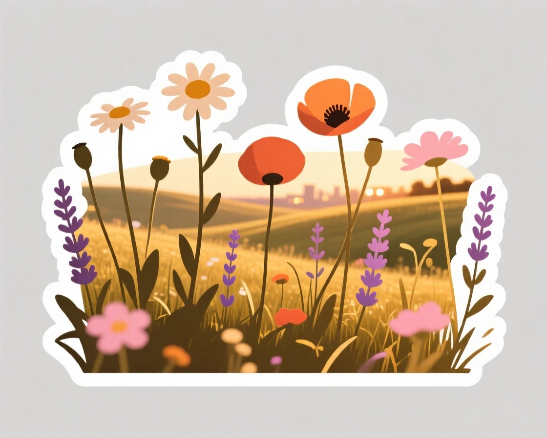 A calm and quiet wildflower meadow at golden hour, bathed in golden hour light, far from any city lights.