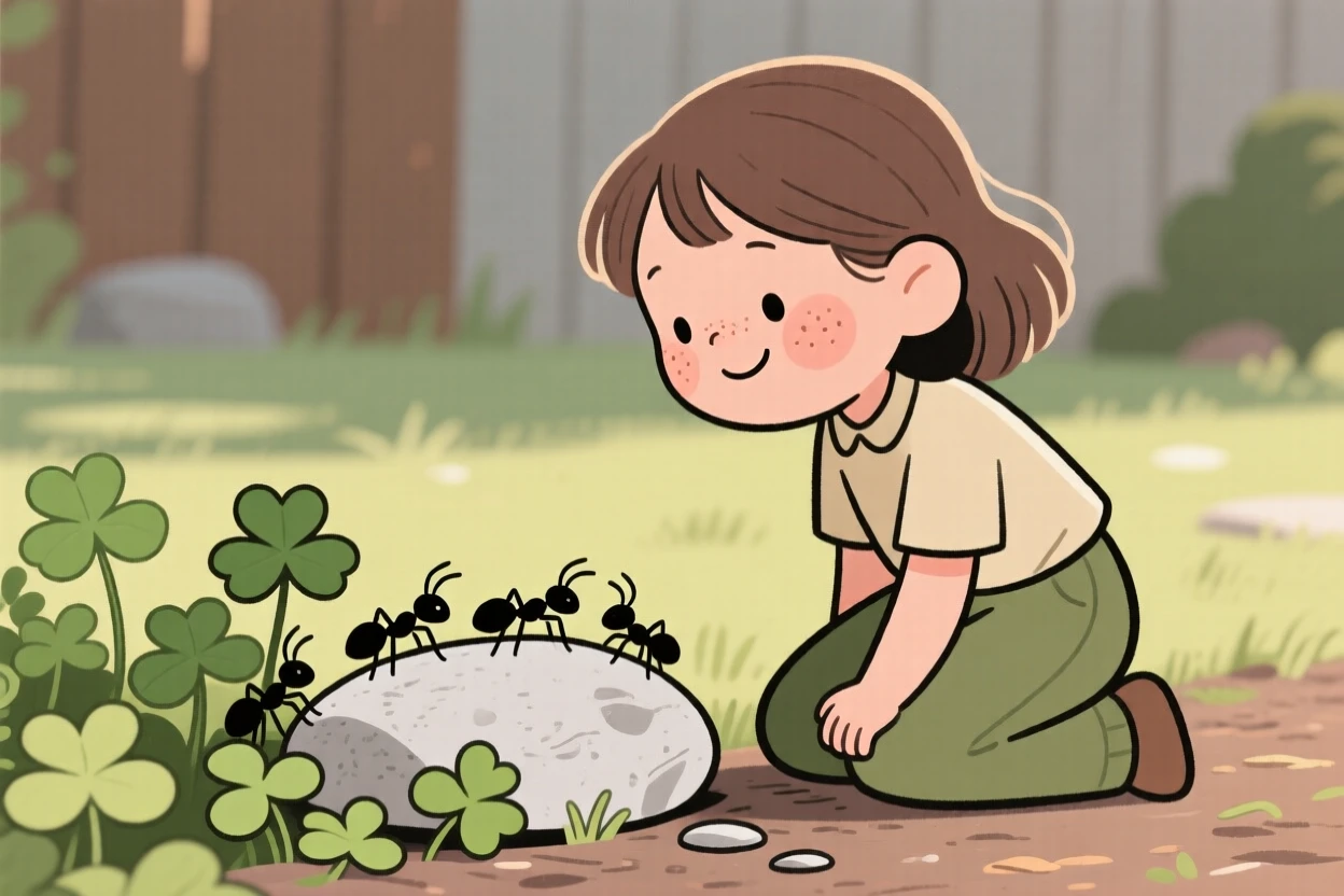 A curious young girl kneels beside a trail of ants in the backyard patch of clover, watching intently as it climbs over a pebble.