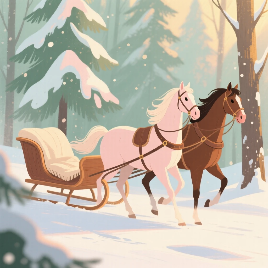 A horse-drawn sleigh gliding through a snowy pine forest