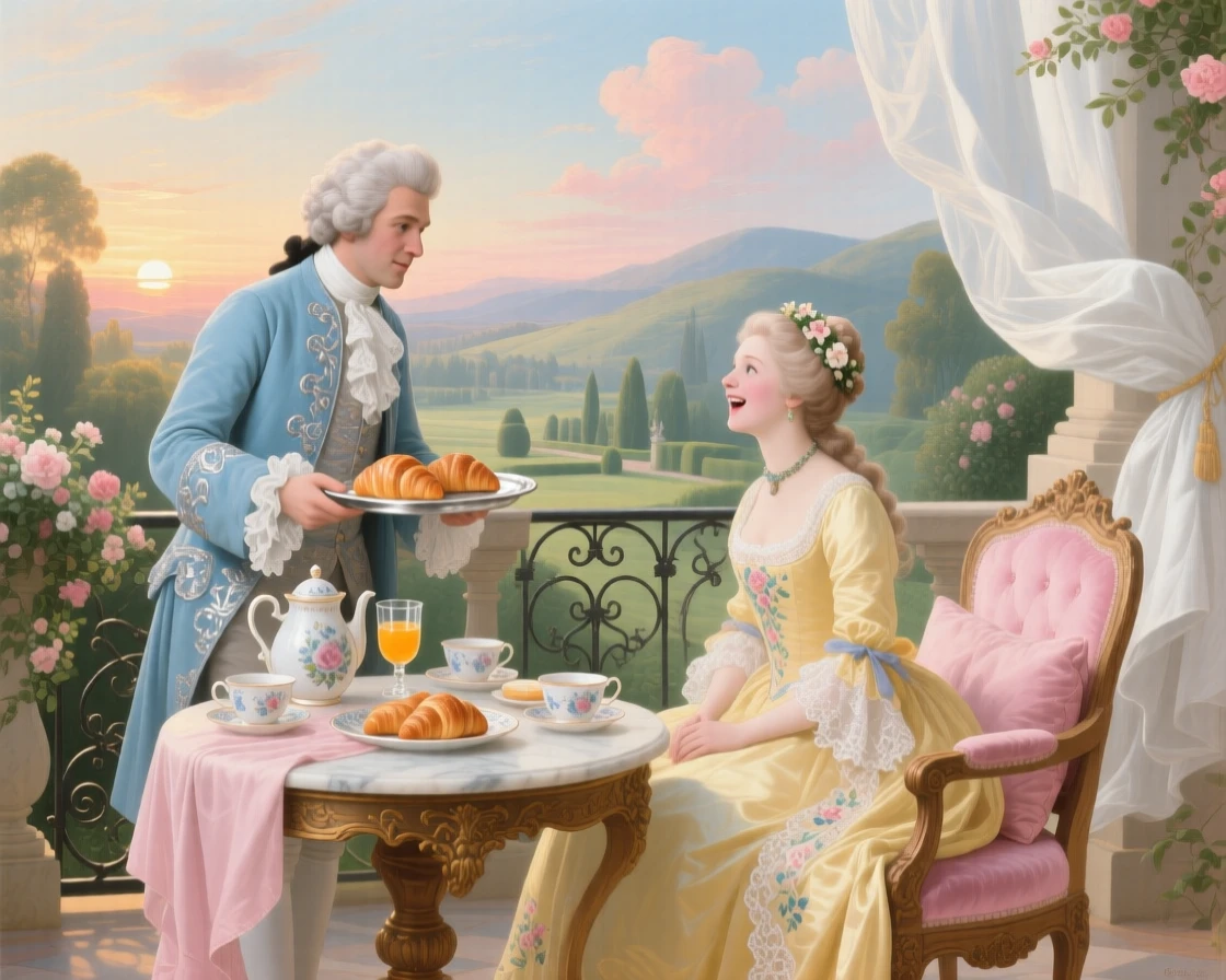 A prince surprising a princess with a sunrise breakfast on a terrace  