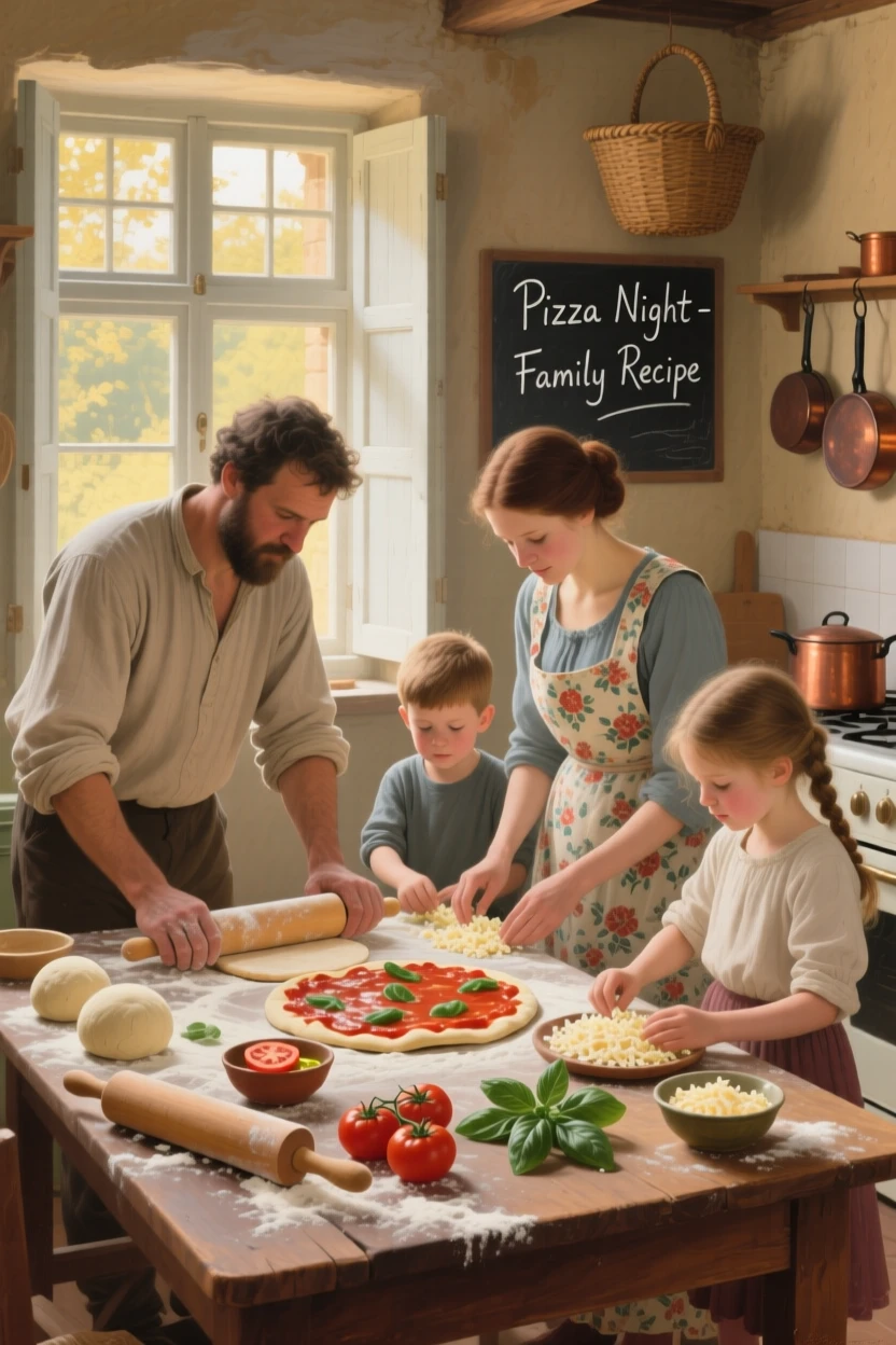 A family gathered in the kitchen making pizza from scratch together, with warm afternoon light streaming through nearby windows, capturing an everyday moment that feels timeless and precious