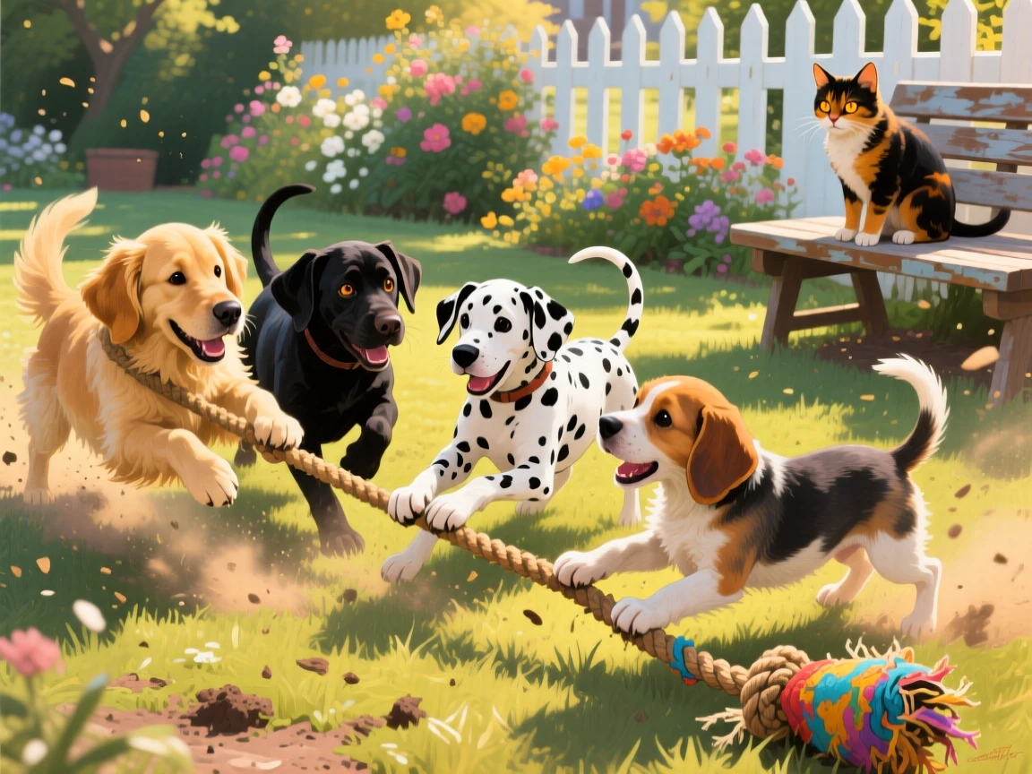 A cheerful group of puppies plays tug-of-war with an old rope toy in a sunny backyard, dust kicking up beneath their scrambling paws, its expression conveying a quiet intelligence as it surveys the world around it.