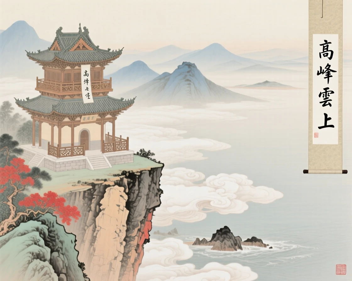 A pagoda perched on a cliffside above the clouds, with distant peaks fading into layers of mist