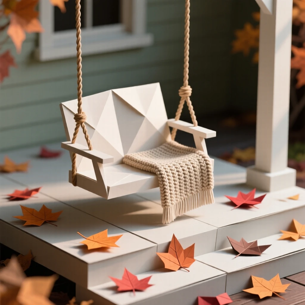 A cozy porch swing draped with a knitted throw, autumn leaves scattered across the steps.