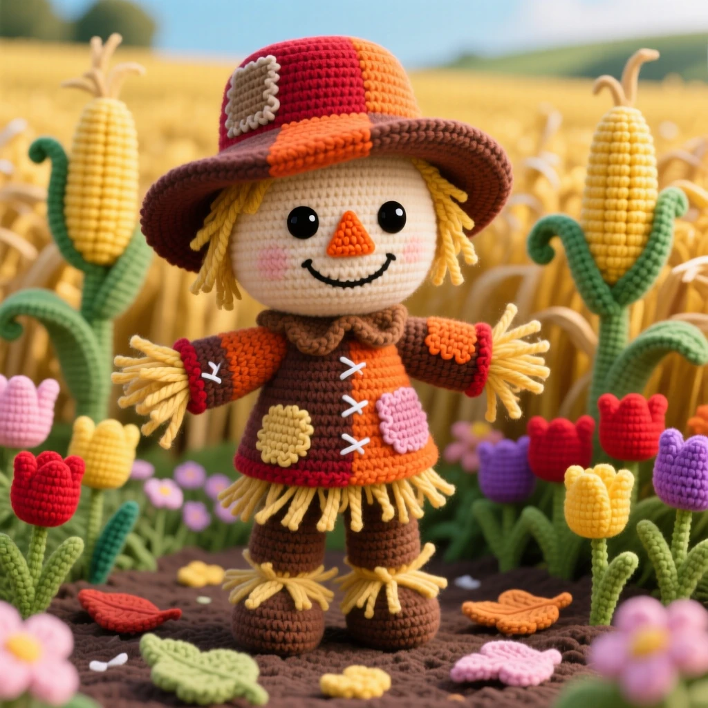 a cheerful harvest scarecrow, with a patched hat and straw-stuffed sleeves, is shown standing watch over a golden cornfield in a blooming spring garden full of tulips beside a scattering of fallen leaves or petals, capturing festive excitement and shared celebration.