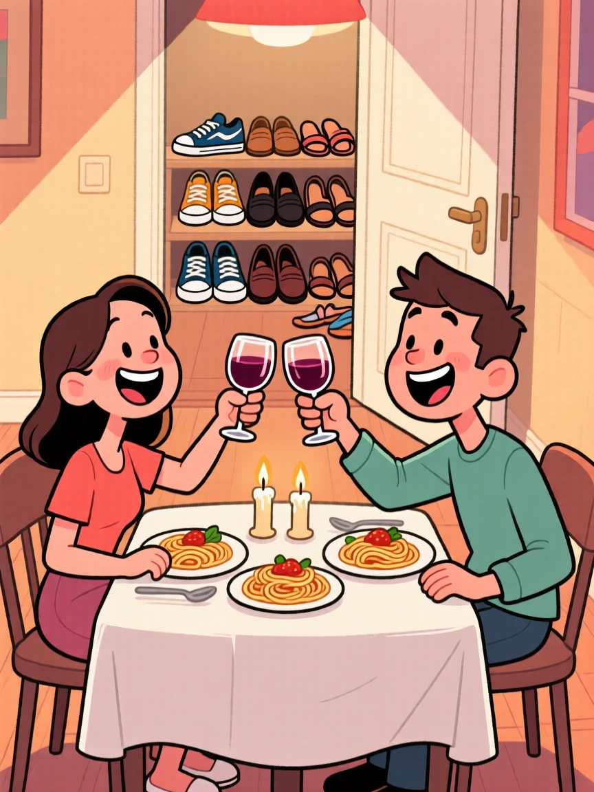 A heartwarming scene of a couple on their first date celebrating with a toast around the dinner table, with everyone's shoes kicked off by the door.