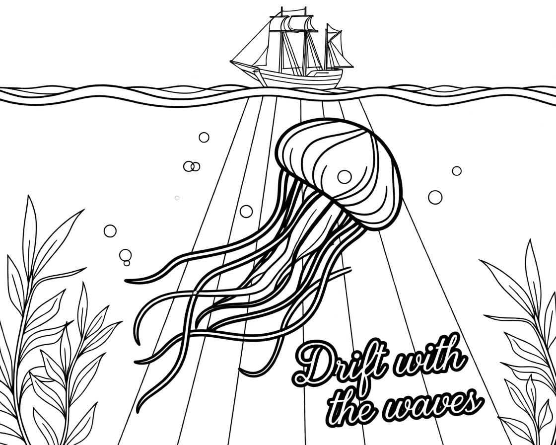 A jellyfish drifting through sunbeams in deep water, with a distant silhouette of a ship above the waves.