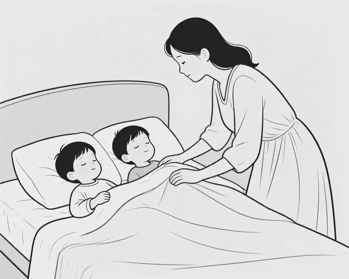A mother tucking her children into bed