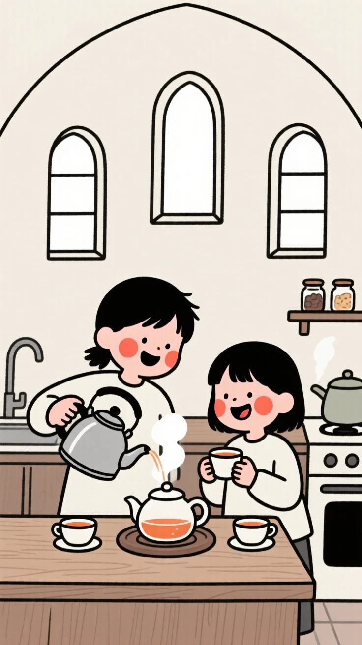 Siblings laughing together brewing tea in a cozy kitchen, in a quiet chapel.