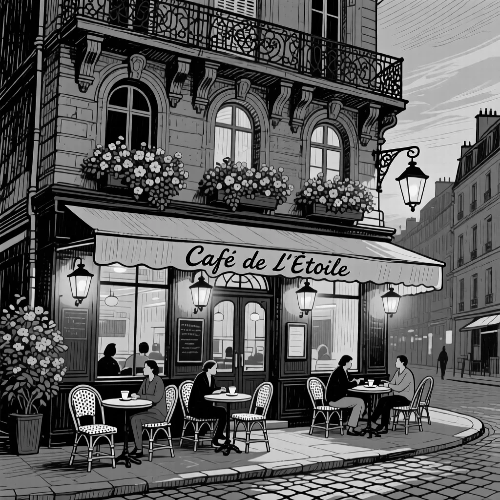 A parisian street cafe with lanterns beginning to glow at dusk, featuring flower boxes lining every window, rendered in a majestic and imposing architectural composition.