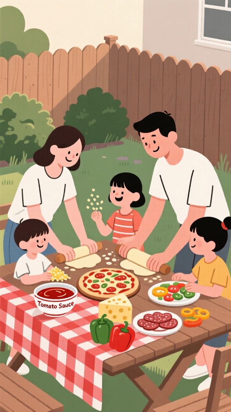 A family making pizza together in their backyard.