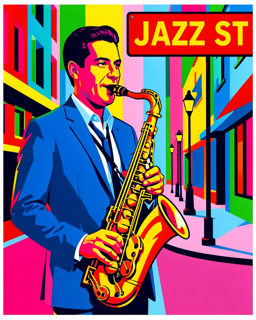 Man playing saxophone on a city street corner