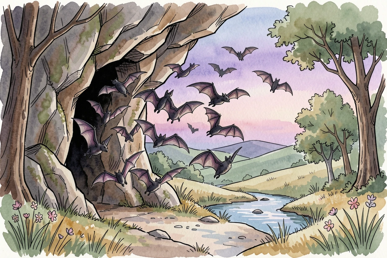 A colony of bats swirling out from a cave entrance at dusk, the natural world carrying on undisturbed around them.