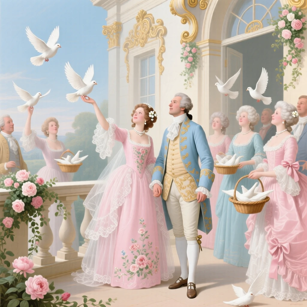 A wedding party releasing white doves from a palace balcony  