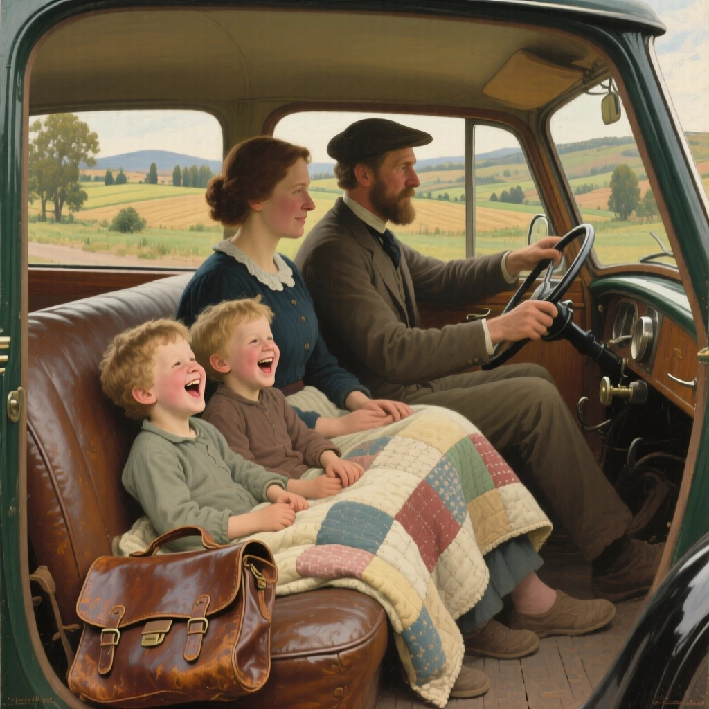 A family road trip with kids laughing in the backseat as scenery rolls by, captured in a candid, unposed moment of togetherness, designed to remind viewers of their own cherished family memories
