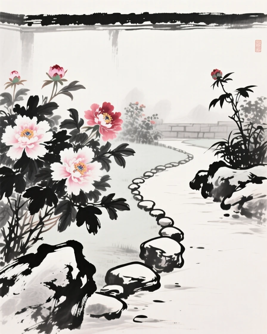 Peonies bloom beside a winding garden path lined with smooth stones, with a garden wall visible in the soft background.