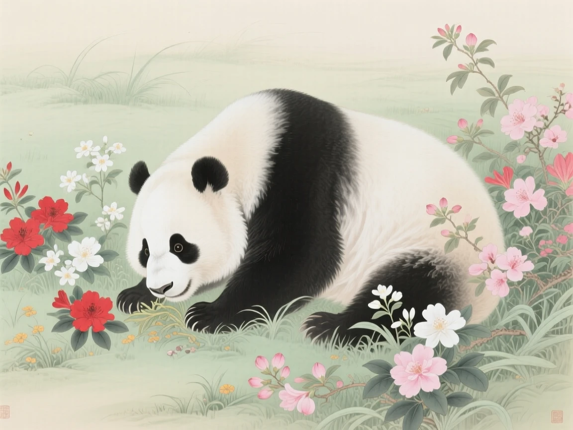 A giant panda grazing in a meadow full of wildflowers